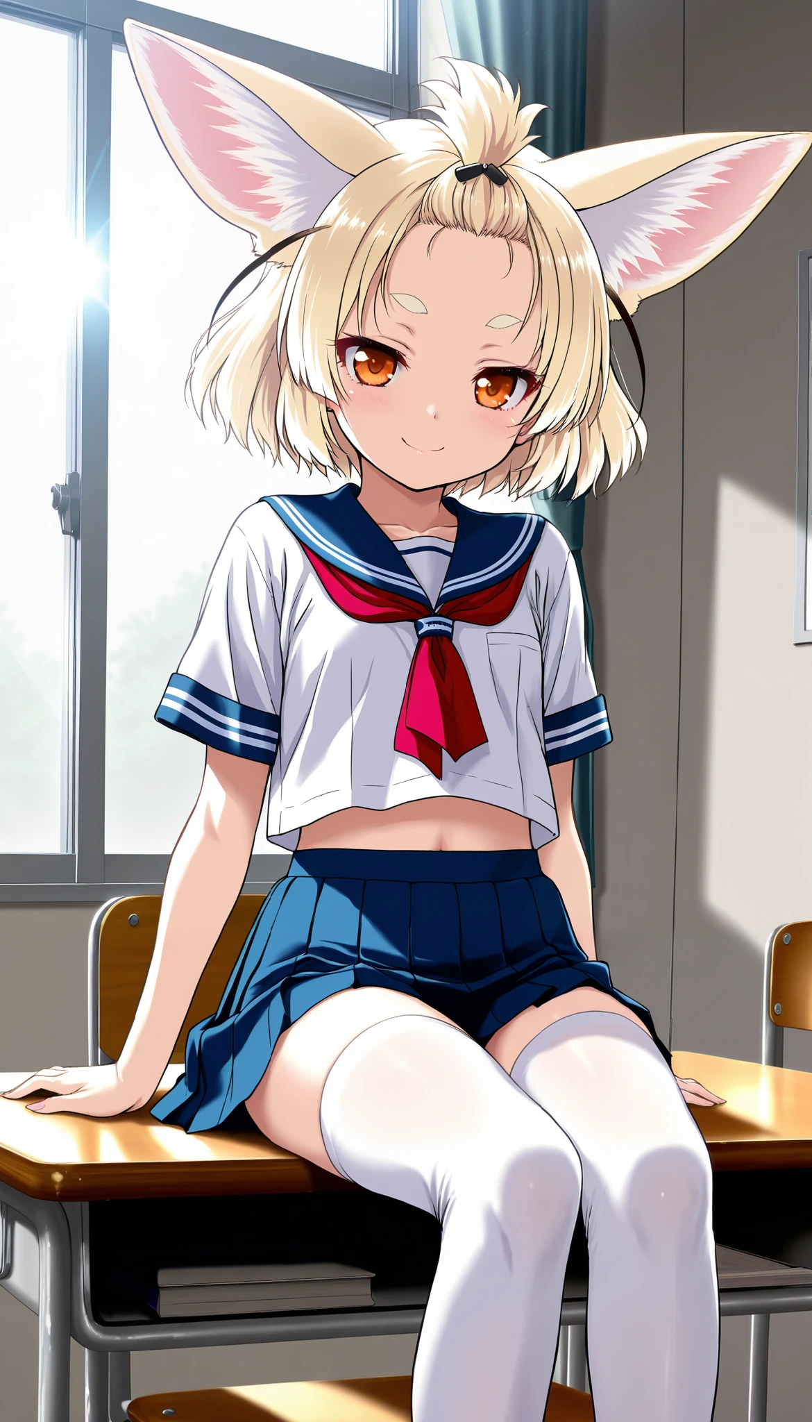 (masterpiece), best quality, side-view (showing thighs), highly detailed faces, (SHARP details), 4k, highly detailed, ((cute innocent face)), (bunny ears), Big cute eyes, (viera), ((blonde hair)), blue eyes, ponytail, straight elegant hair, shy and nervous pose, sheepish, apprehensive. frowning (()), ((solo)), short girl, petite-body, modern hotel bedroom interior, ((school girl outfit)),, dim light, red light, flat breasts, ((young girl)), (short girl), cute, slender, tempting, half naked