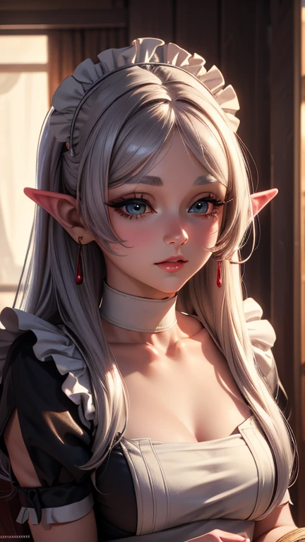 best quality, masterpiece,white hair, Elf, red eyes,black cloth, looking at viewers, upper body,hair strand,Fair skin,side braids