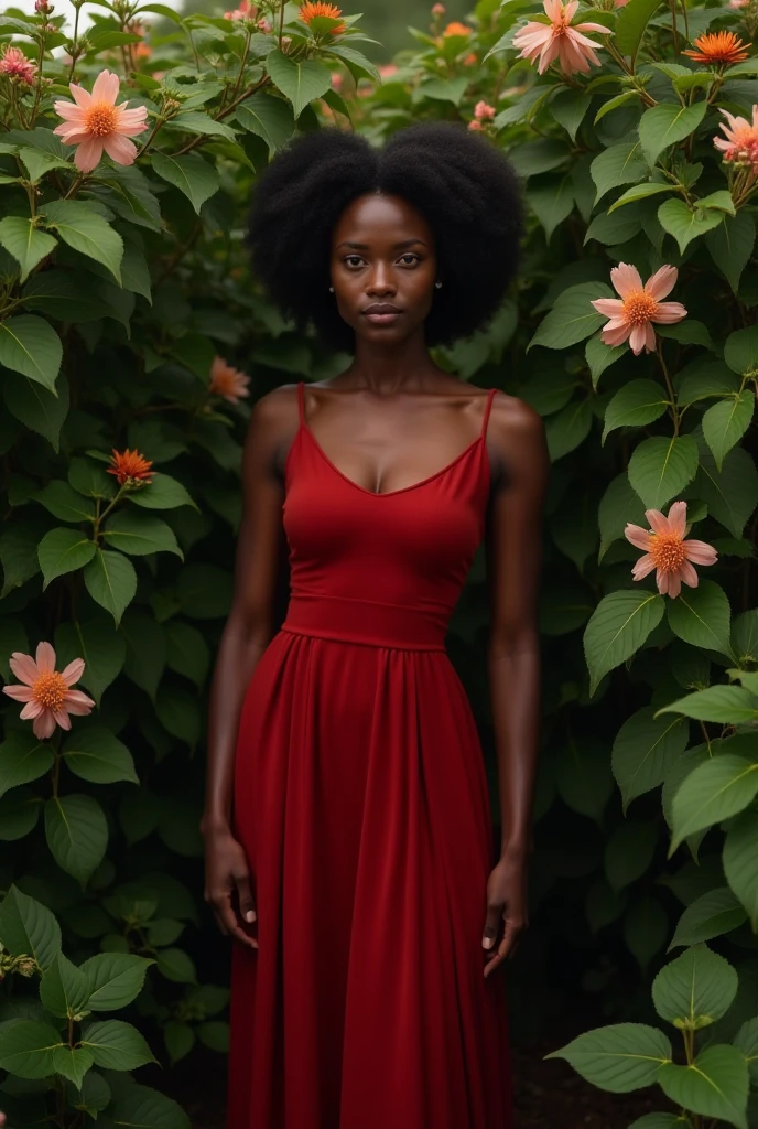 Black woman not showing her breasts in white dress with red flower landscapes