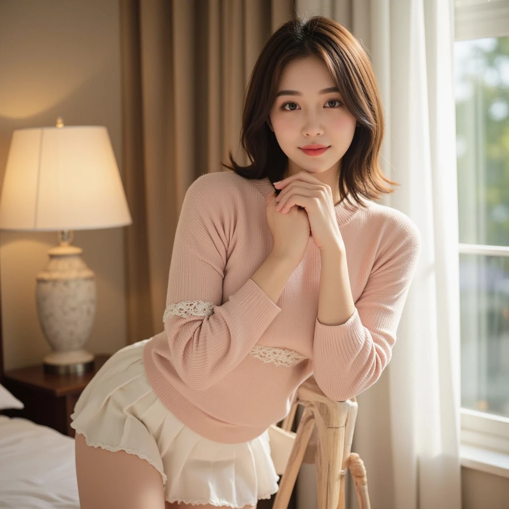 (highest quality、table top、8K、best image quality、Award-winning work)、1 girl、美しいbig breastaroon wavy hair、smile looking at me、(Turtleneck long knit dress with tight long sleeves:1.2)、(fits perfectly and snugly:1.1)、big breasts、(emphasize body line:1.1)、(Open your legs and expose your panties:1.2)、(luxury micro panties:1.1)、bare legs、Pink luxury lace panties、sitting on the bed、perfect giant bed、Perfectly organized, clean and classy bedroom、Luxurious and elegant bedroom、The most natural and perfect furniture arrangement、blurred background、(open your legs wide:1.2)、(spread legs:1.2)、(accurate anatomy:1.2)、beautiful shiny lipstick、Ultra high definition beautiful face、ultra high definition hair、(Super high definition beautiful eyes:1.1)、(Ultra high resolution bright and glowing skin:1.1)、(Super high resolution glossy lips:1.1)、(body facing forward:1.1)
