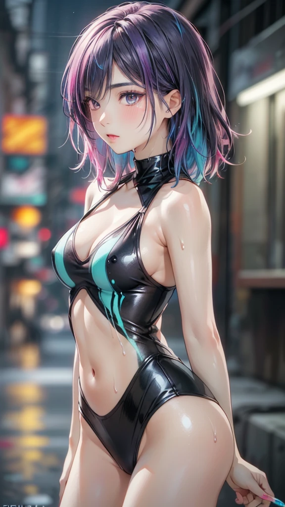 sporty girl with Asian features,(((1girl))),((girl with dark hair and turquoise highlights,)),

(large breasts:1.4),saggy breasts,(((Black hair with turquoise streaks:1.35,straight hair,long hair:1.4,colored inner hair,ear breathing))),(((heterochromia:1.5,eye1 blue,eye2 turquoise))),intricate eyes,beautiful detailed eyes,symmetrical eyes,((fat)),(((lustrous skin:1.5,bright skin: 1.5,skin tanned,shiny skin,very shiny skin,shiny body,plastic glitter skin,exaggerated shiny skin,illuminated skin, wet legs))),(spider lower abdomen,narrow waist,wide hip,athletic body,inflated legs,delicate detailed fingers,detailed body,human hands,(detailed face)),

cute,slutty,seductive,erotic,(((nsfw))),

((one-piece_swimsuit magenta,wearing a one-piece_swimsuit outfit:1.3,magenta armor swimsuit:1.3)),((wet clothes,intricate outfit,intricate clothes)),

(dynamic pose:1.0),embarrassed,(centered,scale to fit dimensions,Rule of thirds),

cyberpunk city by the ocean at night, with bright neon signs and dark stormy clouds and puddles, scenery:1.25,

artistic photography,(photography taken by sldr),highres, sharp focus, (ultra detailed, extremely detailed), (photorealistic artwork:1.37),(extremely detailed CG unity 8k wallpaper),((synthwave background theme)),(((vibrant colors))),(intricate background),(masterpiece),(best quality),