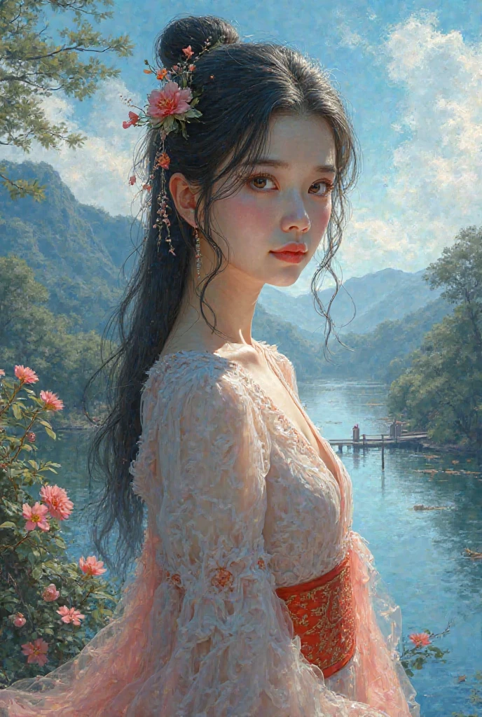 a woman, drooping eyes, ((styled old westerner oil painting)), outdoor, sunset sky, eyes realistic sizing, (round face), straddling bollard that is standing on the floor to hit her crotch, detailed panties, open legs, angle from side-below, braid, mountains,