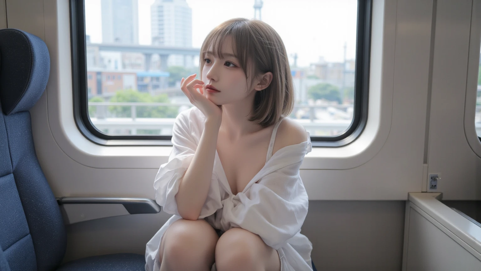 1 Girl ,Highest quality, Ultra-high resolution, Highly detailed skin, Physically Based Rendering, Small breasts, Flat Chest, Down blouse,(20 year old Japanese student, Decorative fine bra , Overlap short sleeve blouse, Small breasts, Sensual ),Sitting, Crouching on the train, short hair, necklace ,close,From top left ,Focus on the chest ,High brightness
