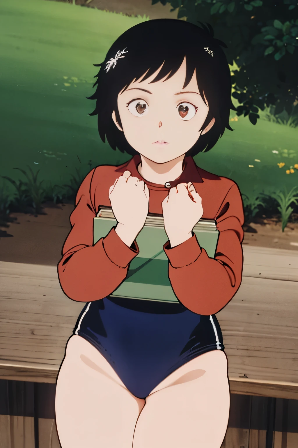 (masterpiece, highest quality), 1 girl, beautiful face, beautiful body, wearing a Black gymnastics bloomers, High leg、red blouse, cowboy shot、Are standing、full body portrait、alone, complex details, enlarged textures, complex details, finely detailed eyes and detailed face, intricate details, (closed mouth), perfect eyes, equal eyes, perfect body, extremely detailed, (), extremely realistic 3d,In a dark forest、red blouse,black bloomers,high leg
