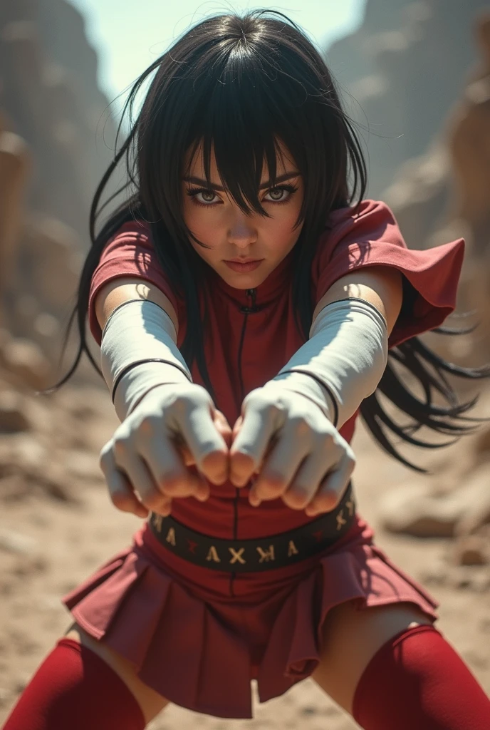 Battle in the Hidden Stone Ruins – Crimson Clash

A hyper-realistic action portrait of Lady Guren from the anime Naruto, captured mid-battle in the ancient ruins near the Hidden Stone Village. The scene shows her frozen in motion — one foot braced on shattered stone, the other mid-air as she lunges forward with her right arm extended, ready to launch a Crystal Release attack. Her long indigo hair, tied in her signature high, spiky ponytail, whips dramatically around her, strands catching the fading light. She wears a torn, crimson shinobi top with black mesh underneath, revealing parts of her pale, toned skin, paired with tight tactical shorts and protective black thigh straps. Her sharp blue eyes burn with focus and fury, narrowed on an unseen enemy. Crystals erupt from the ground behind her, refracting light in sharp, glistening shards. Dust and debris swirl in the air, illuminated by golden sunlight breaking through stormy clouds. Her gloves are scratched, and her legs smeared with dirt and cuts, emphasizing the heat of battle. Captured on Kodak Vision3 250D film, known for its dynamic range and cinematic color tones, the image radiates intensity and realism. Every detail — from the grit on her skin to the glint in her eyes — feels alive, as if she’s about to break free from the frame.