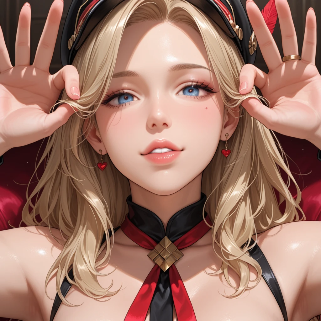 Light blue and red color scheme， nipple，little body，，White curly hair, high detail, best quality, supper detail, detail eyes, 5/6 body, pink pussy, sleeping