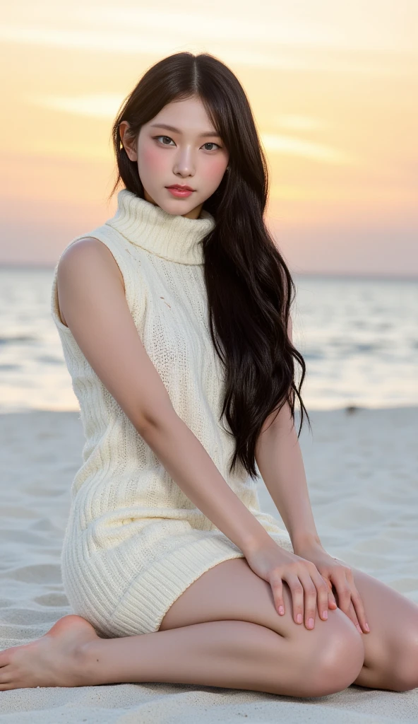 ((long black hair,shiny hair,standing))) (((Beautiful girl,fair sweater dress, puros, Female One))) (((18-years old,shining skin,from the knee up))) (((seashore))),(()) (small round face:1.5),(Japanese:1.5)(smallbreast:0.8) professional portrait, beautiful smiling,Super slim body, ((real Japanese idol cute woman,)), Fat Face, simple blurred background, extreme blushing, ((cute smallbreast,normal hand, normal fingers)), Perfect light,narrow and shallow depth of field, sharp focus on subject, the sun gently hits your face, sharp focus, realisitic, High definition,dynamic pose, ((photorealisitic,1 girl))mix4,


