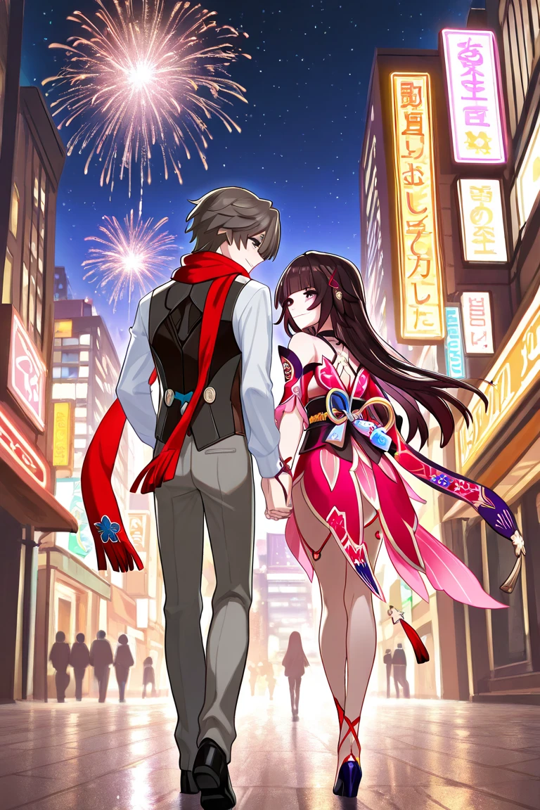 1boy, dark hair, brown hair, straight hair, square bangs, straight bangs, very short hair, green eyes, dark green eyes, light smile, light blush, short male, ouji fashion, waistcoat, looking at female, red scarf tied around waist
BREAK
short female, Sparkle (Honkai Star Rail), brown hair, red clothes, excited, looking at male, tugging male along
BREAK
couple, hetero couple, city, big city, night, nighttime, neon lights, big buildings, stars, nightsky, masterpiece, best quality, best anatomy, beautiful, romantic, walking, holding hands, backview, same height, fireworks