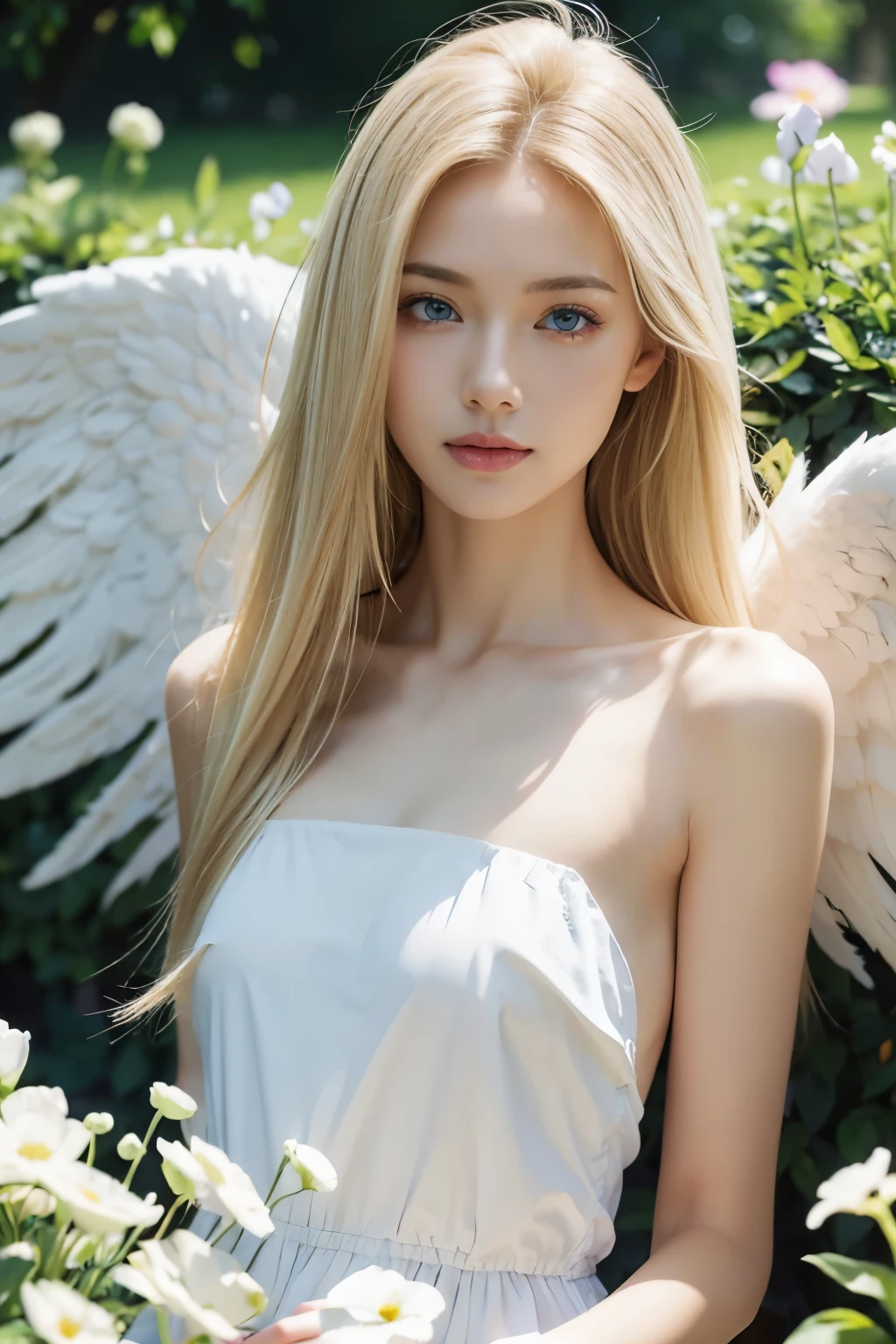 (((best quality))), (((ultra detailed))), (((masterpiece))), illustration,((1 beautiful ,solo,angel)),((fair skin,shoulder length straight blonde hair,blue eyes)),((slim,thin,small breasts,flat chest)),joyful expression, white wings,flowing white dress,In heaven, garden setting, vibrant flowers, lush grass, gentle breeze, clear sky, fluffy clouds, shining sun,from front