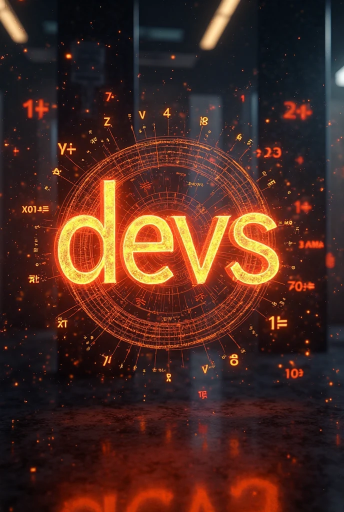 create a name logo for "devs digiart"
  Glowing orange holographic equations projected onto  name . Strong gaze, Realistic features. Dark background, Cyberpunk aesthetics. Glowing math formulas, Handwriting style. Futuristic, High-tech atmosphere. Photorealistic rendering, Dramatic Lighting, In sharp contrast
