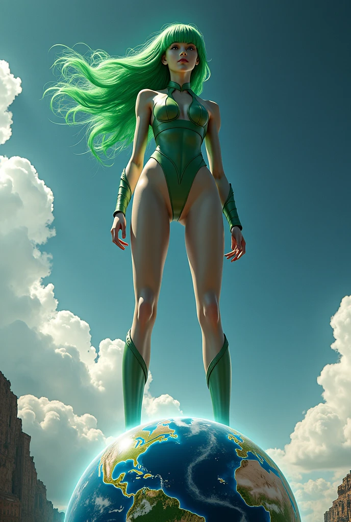 masterpiece, HD, best quality, kawaii, sparkles, stars, anime, 1 girl, anime girl, big breasts, hourglass figure, cleavage, wide hips, tight fitting clothes, green outfit, green eyes, pale skin, galaxy background, beautiful, long ginger hair, ginger hair girl, long hair, soft lips, gentle hands, delicate but dom, small waist, massive breasts and hips, galaxy, random expressikn, random gesture, anime style face, great definition, high quality, stars in background, stars around, unreal, ethereal, two legs, two arms, planets, stars, long hair, sparkles, smiling face, flirty eyes