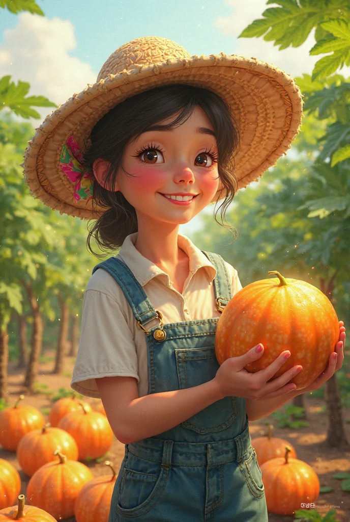 A 25-year-old girl,Black long hair,White floral dress,In the spacious farmyard,Background is fence,(((dishonesty)))Holding one(((Long pumpkin))),Happy smile,Grin,Show your teeth,Pixar style,Anime style