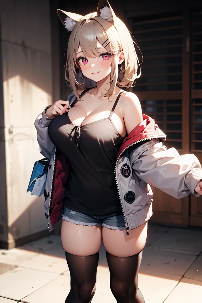 ((((masterpiece, best quality, high resolution)))), 1girl, average breasts, blush, light smile, glow, thighs, bare shoulders, collarbone, narrow waist, cleavage, (beautiful detailed face, beautiful detailed eyes), (oversized short faux fur coat, white lace bra, ripped denim shorts, high heels),