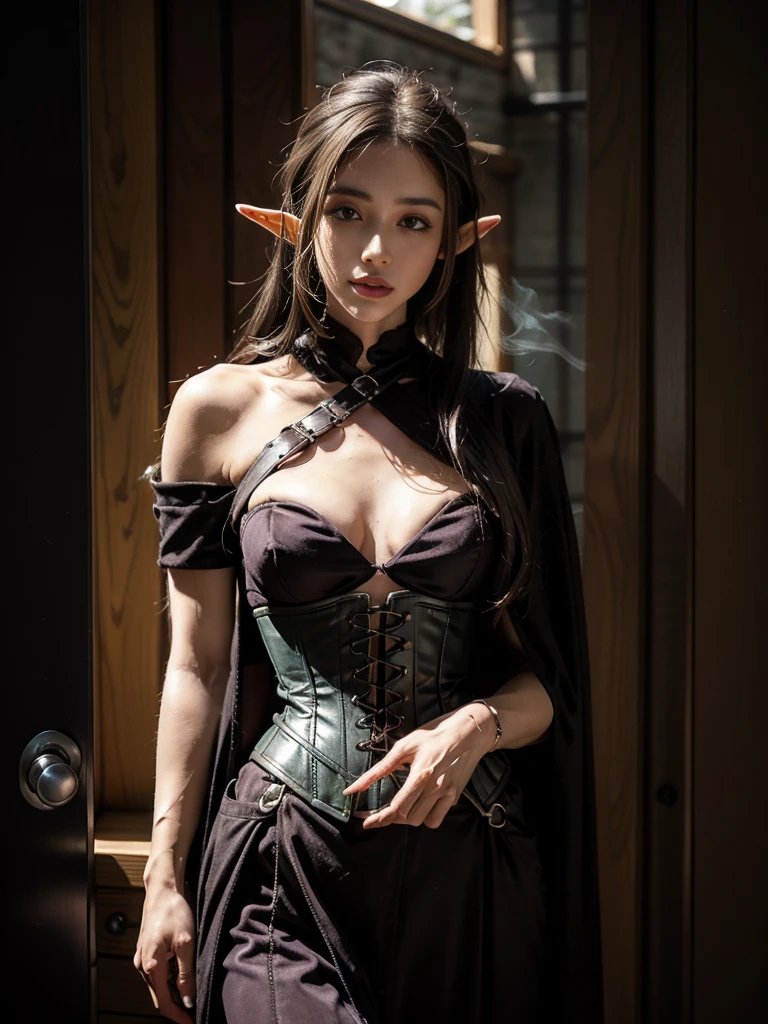 paint a female elf with black hair with red streaks and a purple black corset dress the elf plays Magic the Gathering and has a small raven on the left shoulder and a viking