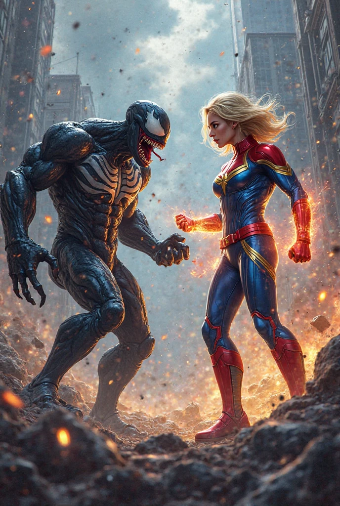 Venom leaps into the air, shooting webs of black symbiote goo toward Thor, trying to entangle him. Thor raises Mjolnir, summoning a shield of lightning to block the attack.