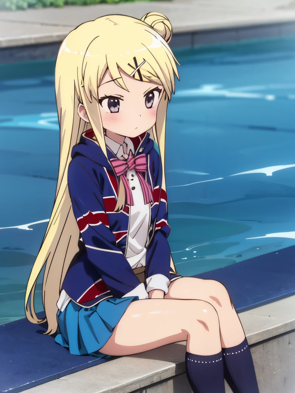 1girl with thick thighs in a miniskirt sitting poolside solo KUJO KAREN UNION JACK JACKET, STRIPED BOW, WHITE SHIRT, LONG SLEEVES, PLEATED SKIRT, BLUE SKIRT, KNEEHIGHS Karen's face, knees, and thick thighs