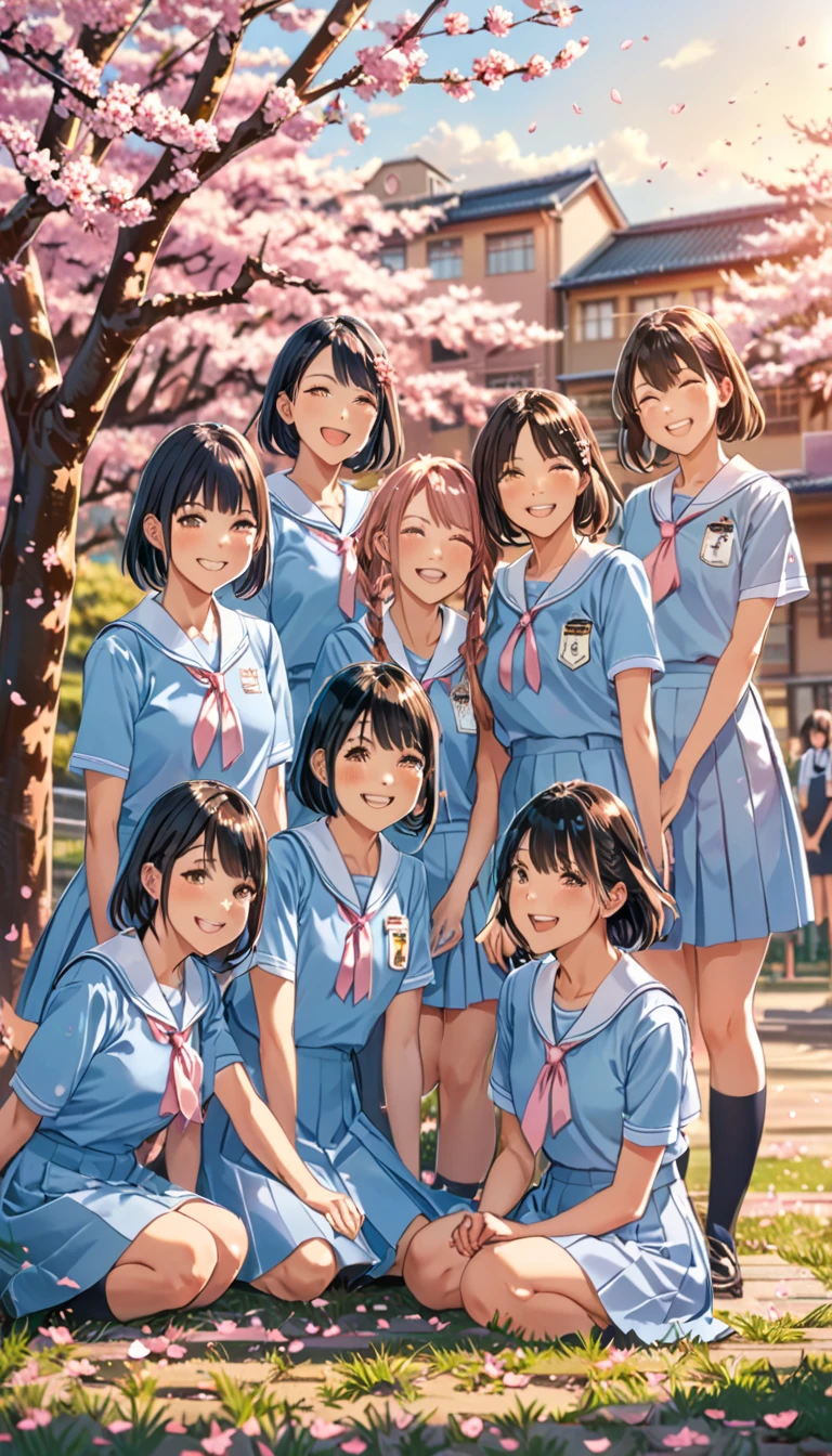 in 8K、masutepiece、top-quality、A hyper-realistic、Photorealsitic、A path lined with flourishing cherry blossom trees、Good friends on the way home from school３A group of high school girls sit on the lawn lined with cherry blossom trees and have a picnic、Chatter