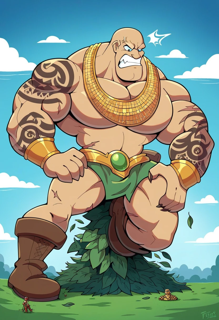 A muscle green male alligator, a muscle green male lizardmen with full aztec clothes , showing his butt, yellow ligth, seductive face, show legs and human feets