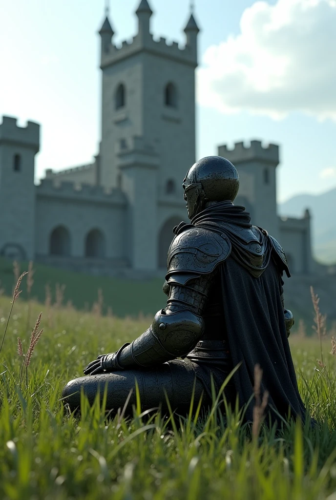 Dark fantasy knight sitting in a grass next to a castle - SeaArt AI