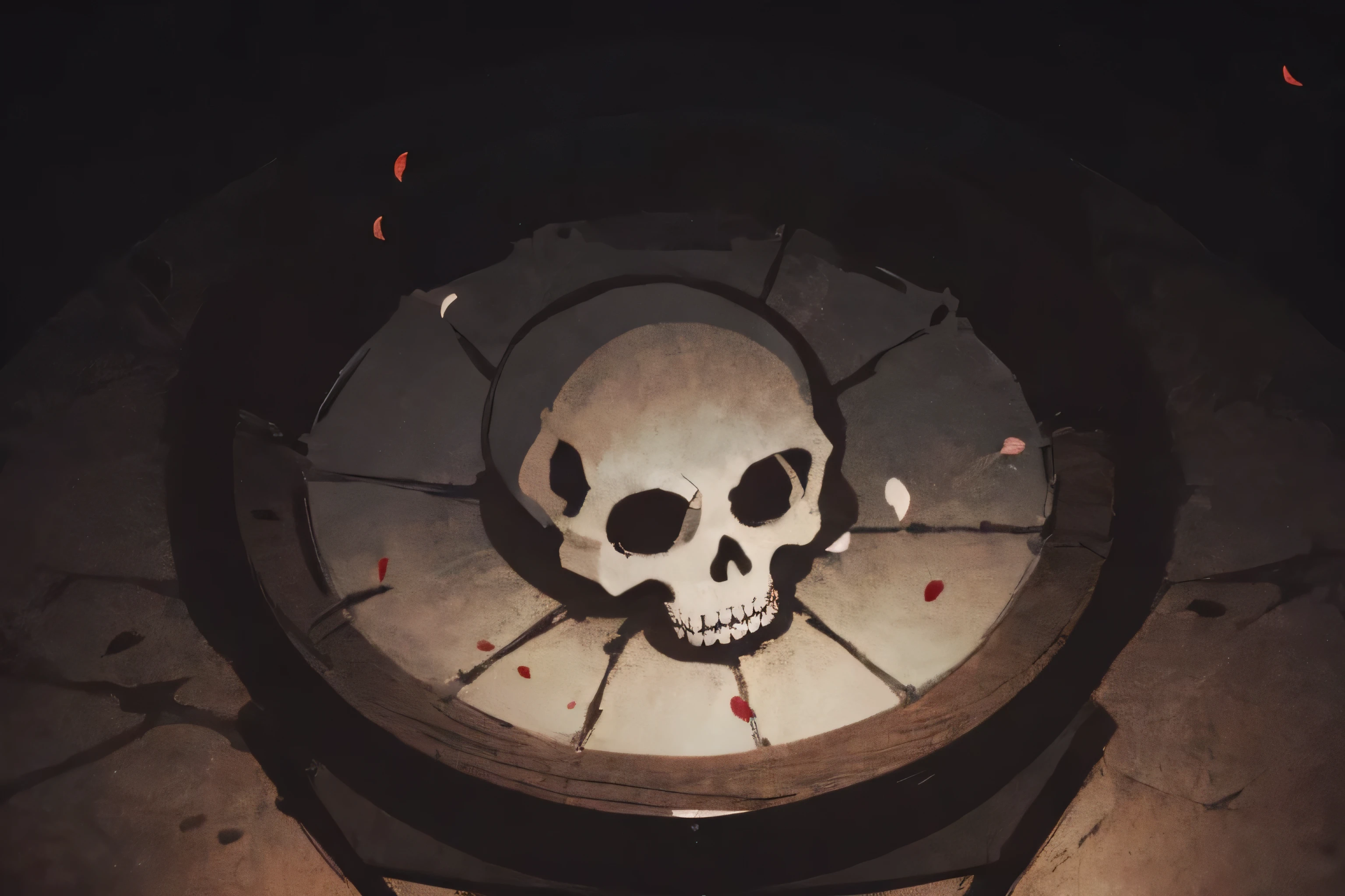 Darkness,white round desk in the middle,human skull placed on the desk,twilight shining in from above, Comic Style, illustration style,Best Quality,4K,ultra-fine paint,Photographic Reality,Professional,vivid colors,Bokeh,dark tones,dark fantasy,Digital Art、White rose petals are scattered