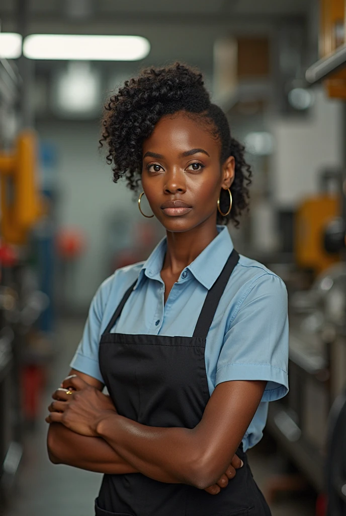 black female employee wearing a uniform and helmet in a factory, holding one of her arms with a sad facial expression, injured arm muscle pain, repetitive strain arm injury