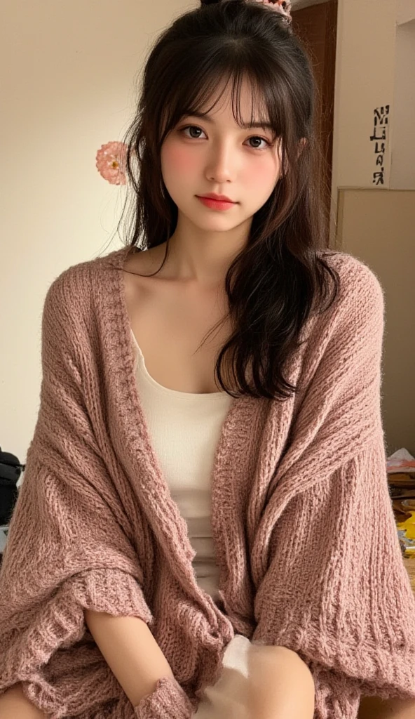 1 Girl,sofa,Soft Light,Chinese Beauty,Tight Fit,Bathrobe,,Dark-haired,long hair