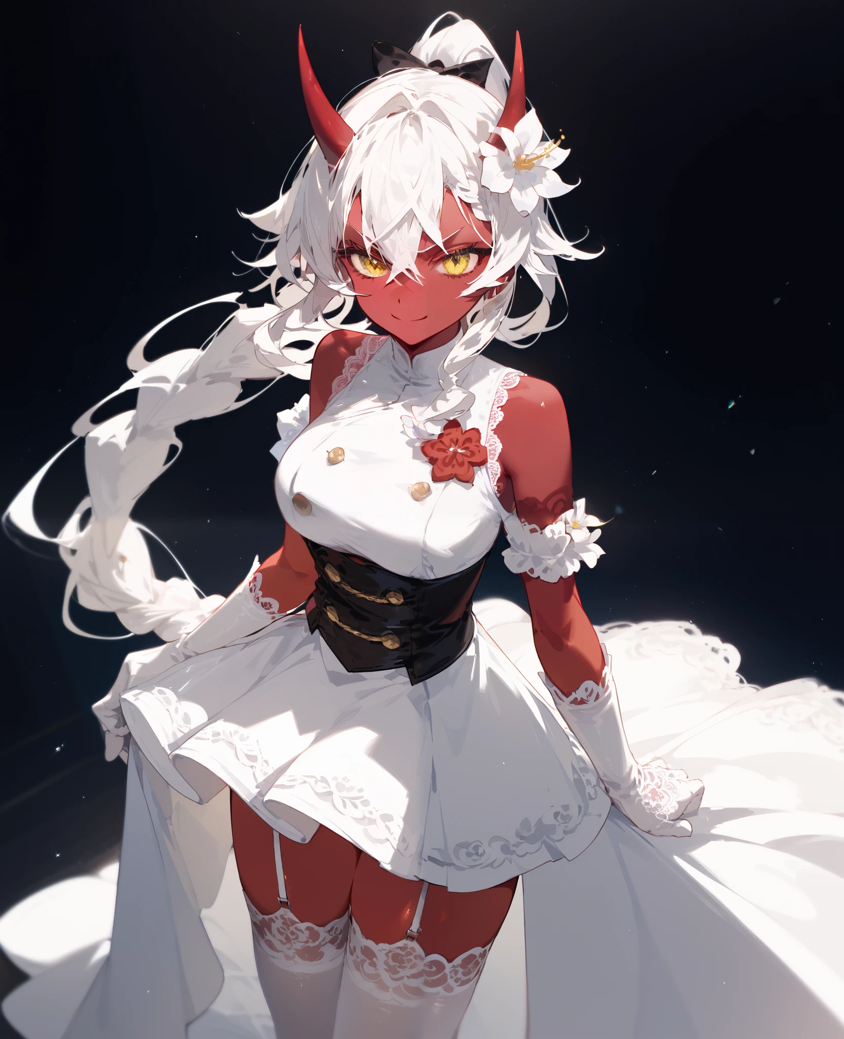 girl,Red skin ,in yellow eyes, white hair, Sleeveless Topสีขาว, white kimono, Sleeveless Top,There is a red horn, long hair, ponytail, Tomboy,Pointed eyes ,Fierce face,Villains,White Flower Hair Ornament,White Carpet Gloves,Lace gloves,mafia,smile,big boobs,white lace stockings,standing,Pretty braided hair ,Focus on the face