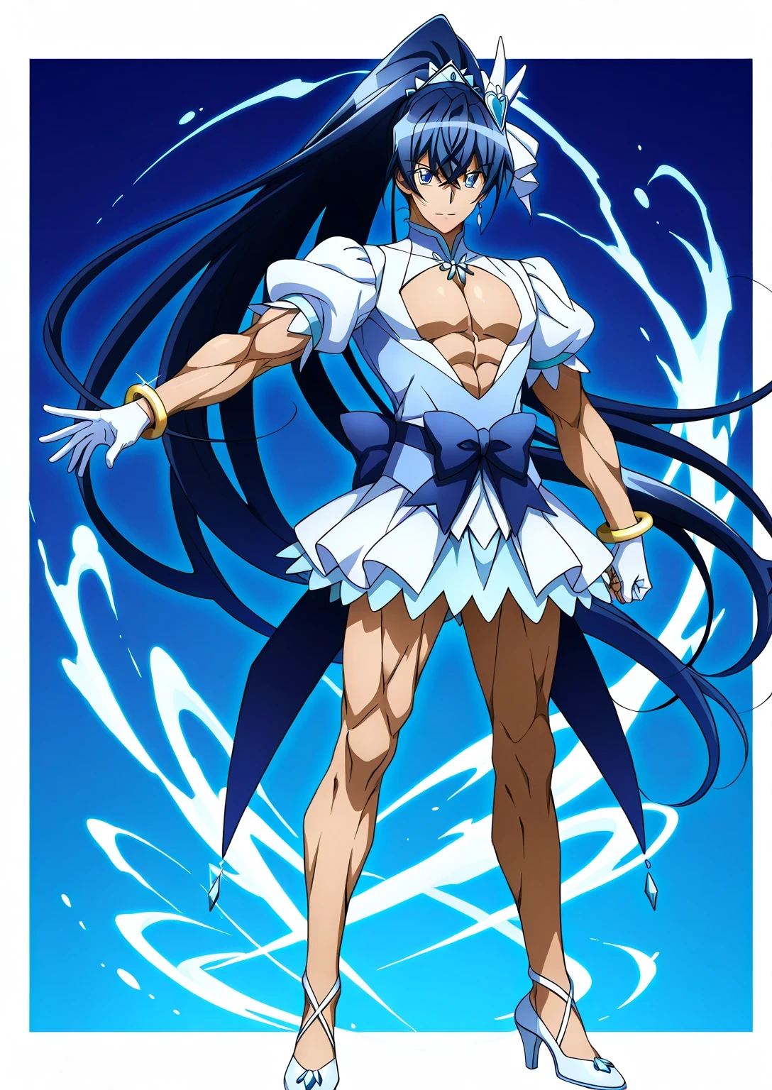 A beautiful girl with long blue hair and piercing blue eyes, wearing intricate gold armor, standing in a dark fantasy movie scene, 8k, hyper detailed, cinematic lighting, 80s anime style, elegant, dramatic, masterpiece