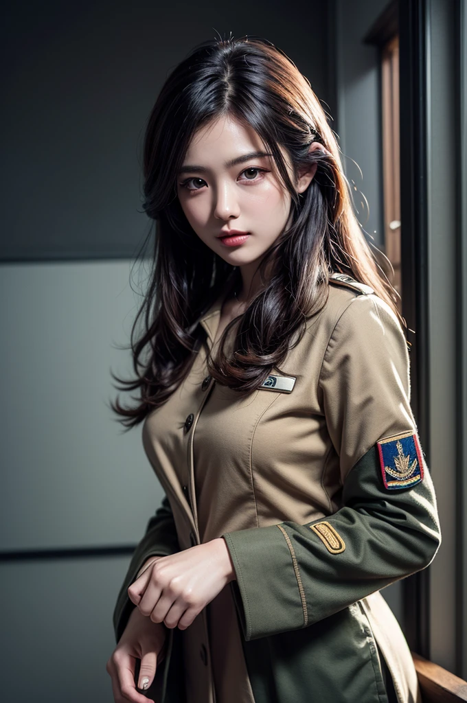Exposed nipples、Air Force Pilot、Conversation with maintenance personnel inside the hangar、dark green flight suit、High exposure、Photorealistic images of solo idols, Morning Musume inspired by Eri Kamei, Radiates charm and beauty with plenty of bust and subtle exposure of cleavage. The image is、Must reflect a real person of the highest quality, Powered by Ultra-HD (16 K) resolution, crisp detail, Vivid colors, Dynamic Range, Soft bokeh, Fine texture, Realistic realism, Pin Sharp Focus. The camera setup is、Nikon D850 and NIKKOR Z 58mm Boobs Boobs Boobs Boobs F。/0.95 S Noct lens,  The setting must be ISO 64, F/0.95, Shutter speed is 1/60. --ar 16:9 - V5.1 --Style raw --Q 2 --S 750