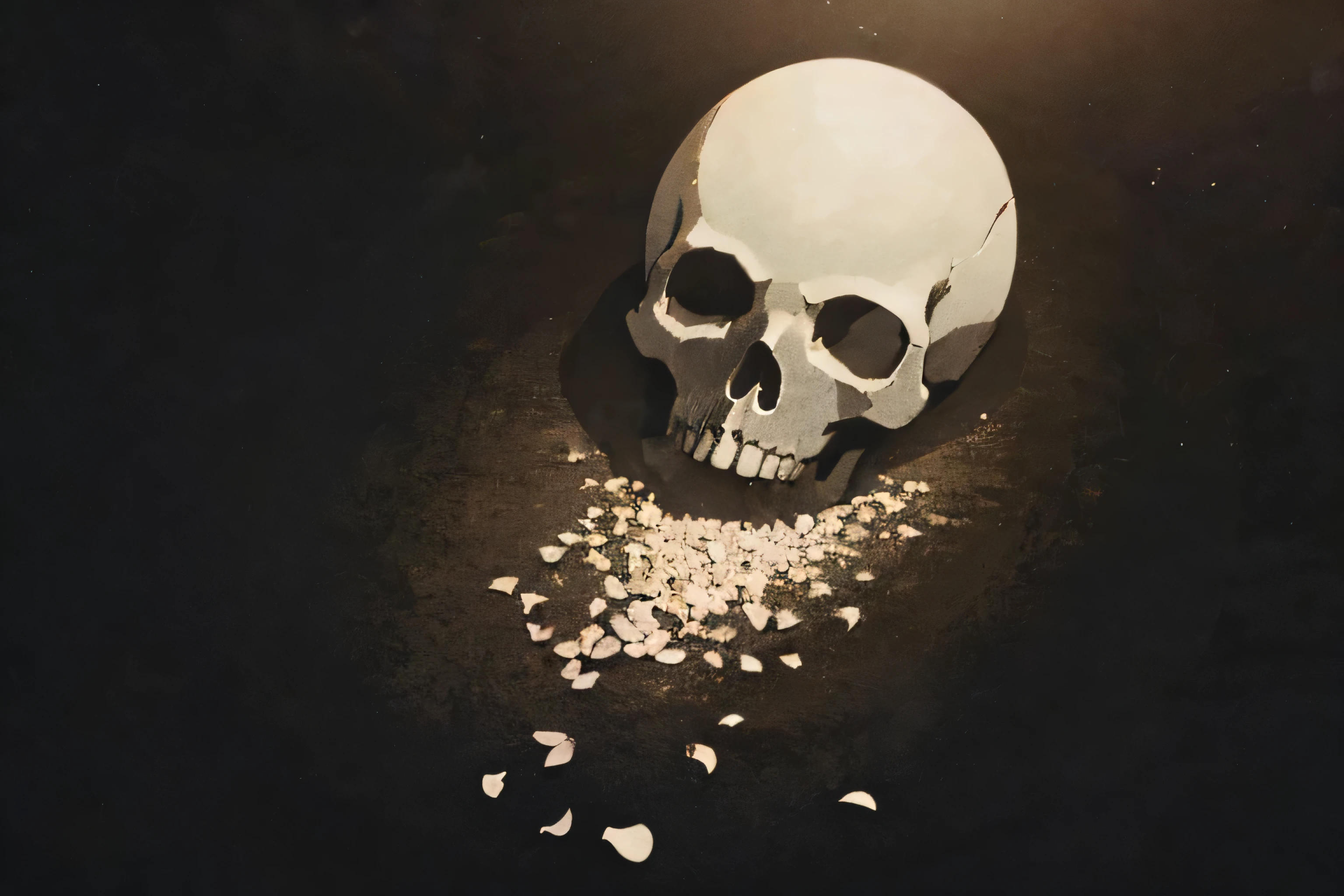  Darkness,human skull placed in the middle,Light shining in from above, Comic Style, illustration style,Best Quality,4K,ultra-fine paint,Photographic Reality,Professional,vivid colors,Bokeh,dark tones,dark fantasy,Digital Art、White rose petals are scattered