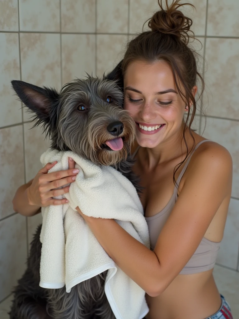 Cute beaver photo, in bathroom, wearing white shorts with red hearts, smiling