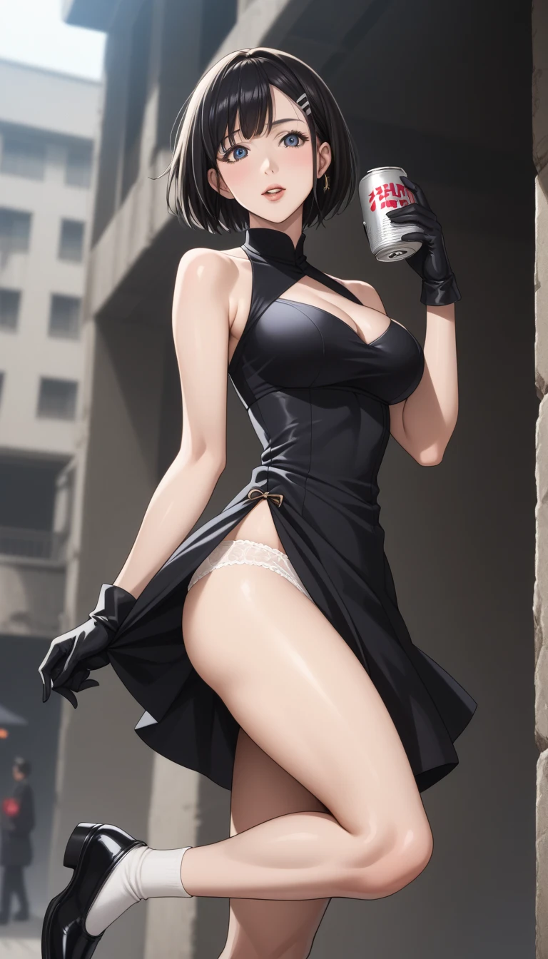 Fubuki, sexy dress,pantyhose、Photo from below、garden、medium chest、thigh high boots、show panties
