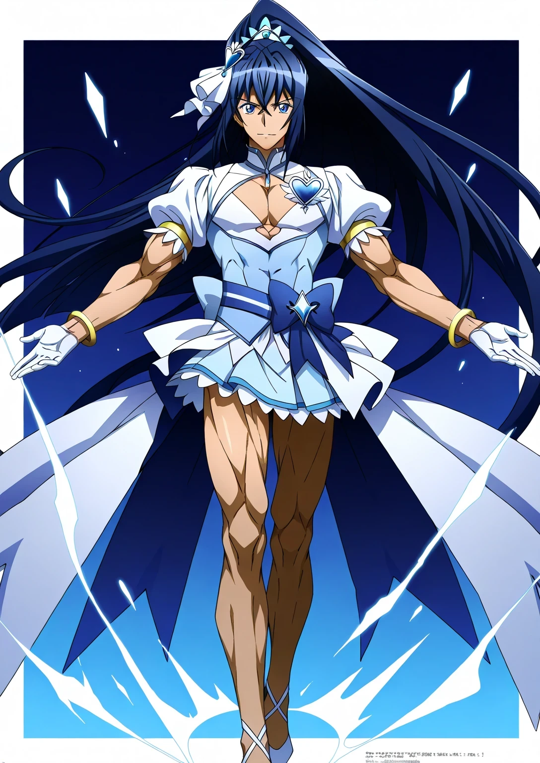 score 9 、score 8 up、score 7 up、source anime、masterpiece、Best Quality、Hi-Res、anime coloring、1boy 、cure diamond、(male:1.6)、Close up of a blue-haired boy cartoon character、high long ponytail hair、dia shape hair ornament、Alone、portrait of Magic Boy、 Boy in a White and Blue Dress 、isolated、Long Legged 、Heavenly Aura、Ice Aura、White and blue mini skirt、white puffy sleeves、white gloves、yellow bracelet 、blue waist bow、Bare legs、bare thighs、white high heels、 Symphogear Flavor 、 Long Dark Blue Haired Boy 、 Prince of Sapphire 、official character art、style of Magic Boy、masculinization、Magic Boy、 Anime Boy 、official art、Hi-Res、perfect costume、sparkling Magic Boy、(manly:1.6)、 With Shining Blue Eyes 、perfect body、perfect hands、perfect arms、perfect legs、 male focus、looking at viewer、Alone focus、cowboy shot、(male body:1.6)、beefcake style、blue background、