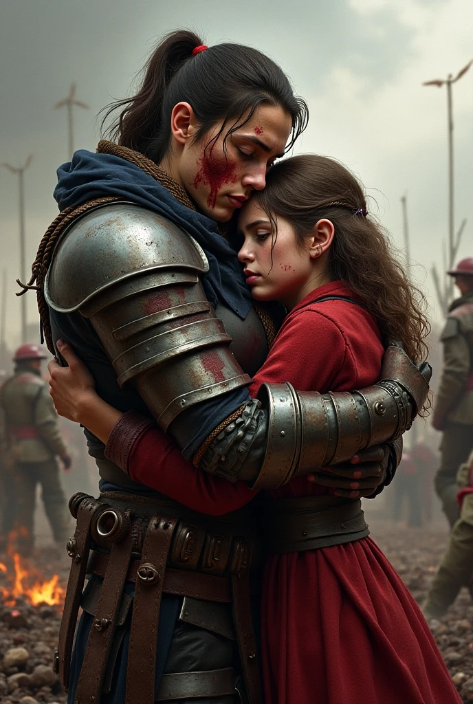 Realism, super quality, action battle photo style, defeated woman standing on her knees, her son is holding the the tip of the sword against woman's throat, stabbing her in the throat, her head is thrown back, woman has large masculine Adam's apple, (woman is a 30-year-old warrior, feminine face, gothic makeup, pale skin, long hair) (son is 12-years-old) roman empire fight