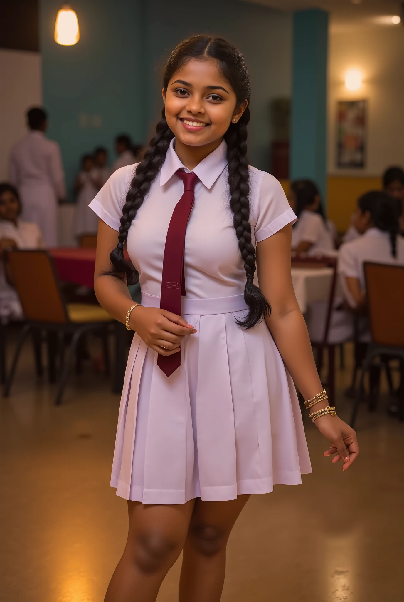 portrait of a beautiful cute young school girl, Sri Lanka ,She has plaits, black braided long hair, correct anatomy of other body parts, large chest size , wearing detailed white frock short uniform, wearing dark red colored tie , beautiful barefoot , full body ,cinematic lighting, hyper-realistic, photorealistic, 8k, masterpiece, warm colors, natural lighting , high quality, intricate details, tan color skin, sweaty body, curvy body, seducing, at school dancing room, hyper realistic, moody environment, glowing ambient lights, glowing skin