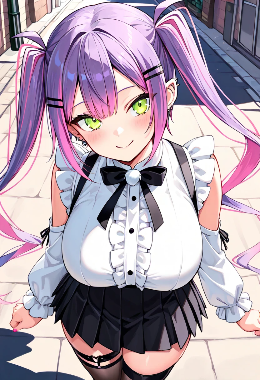 masterpiece, best quality, highres, aaokayu, medium hair, multicolored hair, streaked hair, animal ears, beret, cat tail, purple ribbon, breast tattoo, cleavage cutout, white shirt, suspender shorts, black shorts, cowboy shot, standing, outdoors, street