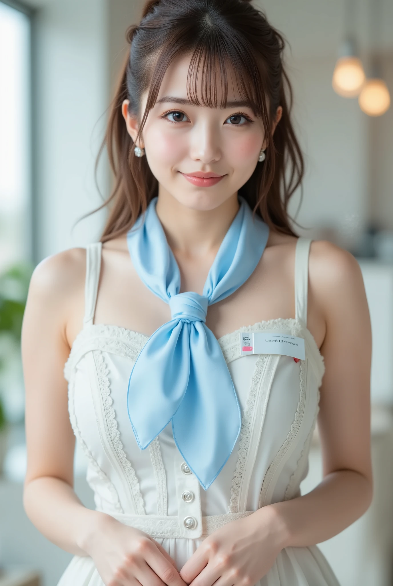 (18yo, young, cute:1.5), (japanese girl idol:1.2), ultra highres, real skin, hyperrealism, glistening skin, professional photograph, (absurdres:1.2), 8k, (RAW photo:1.2), extremely detailed, extremely detailed, extremely detailed skin, extremely detailed fingers, extremely detailed nose, extremely detailed mouth, highly detailed background, (extremely detailed clothing:1.2), (perfect anatomy:1.2), highest quality, amazing details, pale skin, (translucent skin),
(masterpiece, best quality:1.2), ultra detailed, absolutely resolution, (correct limb:1.2),
BREAK
stunningly beautiful girl, beautiful face, (flat chest:0.3)
medium hair, (brown hair:1.2), bangs, (face is shiny:0.7), (make up:0.5), side ponytail,
BREAK
(office:1.2), sitting chair,
(day time), natural light, ambient light,
(upper body:1.3), (legs), blurry background, (soft focus),
(light smile),
(beautician), (in a beauty salon in Tokyo Japan), (wearing white dress and blue scarf), (standing), (free poses), short skirt, name tag, badge,
earrings,