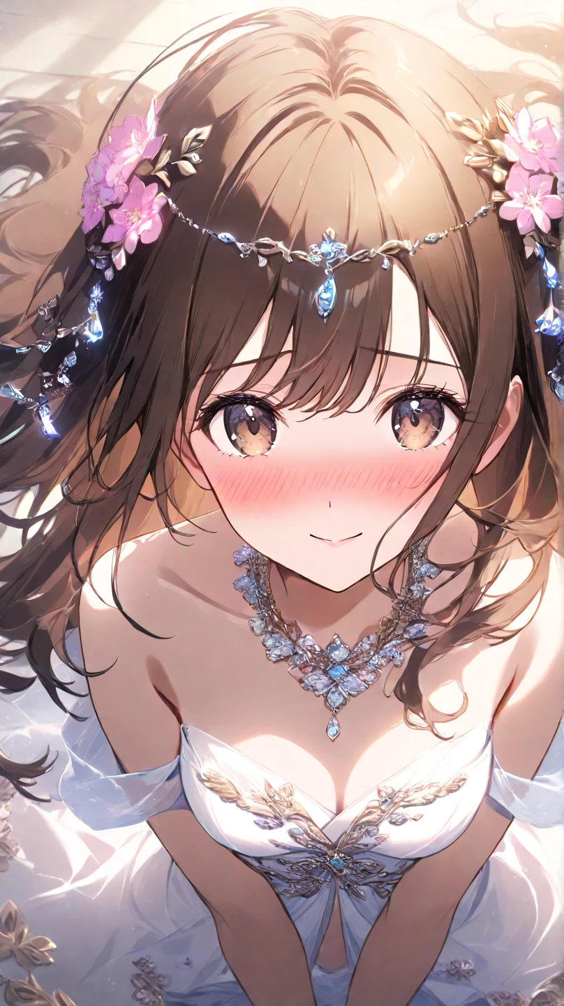 ((best quality)), ((masterpiece)), (detailed), perfect face, ((Best quality, 8k, Masterpiece: 1.3)), Sharp focus A beautiful woman, Highly detailed face and skin texture, Detailed eyes, Double eyelid, brown hair, bangs, crystal hair, big hair, shiny hair, tiara, gradient eyes, crystal earrings, serious, sparkle, reflection light, flat chest, Greek mythology goddess, ((silk dress, rich drapes)), glitter, bejeweled, at a nightclub, a hostess