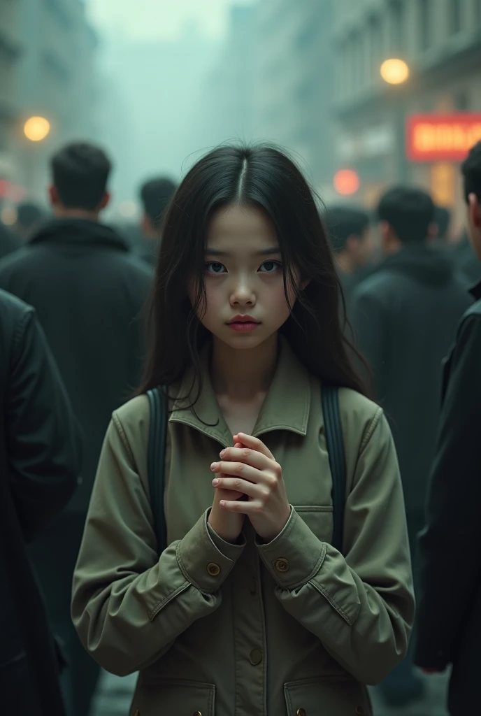 A woman and her clones、Waist-length hair 30yo korean woman at a rainy road city, (Waist-length hair:1.8), I&#39;m looking for a viewer wearing a white open-neck shirt.. barefoot. Wet Skin. Realistic Skin Style, Detailed skin pores. Black and dark、Very long、Messy and、Stylish slicked back hair, Poreless skin and natural makeup, Long, black hair、Casually、But stylishly. Dim background, Gloomy rainy day, Vignette, ドラマチックな自然なatmosphereの照明, Cinema Lighting, Powerful backlight and rim light, 奥行き感とatmosphereを醸し出す, Add texture with bokeh highlights and film grain. Color Scheme: muted, A desaturated color palette with deep shadows and warm highlights, evoking a sense of nostalgia and melancholy. atmosphere: 謎と陰謀のatmosphere, With signs of tension and anticipation. action: Woman caught in mid-motion, Her body was contorted in graceful yet powerful ballet poses., Her muscles tensed、The expression was intense. object: Some props, Worn-out ballet barres and discarded pointe shoes, Increases the sense of authenticity and history.