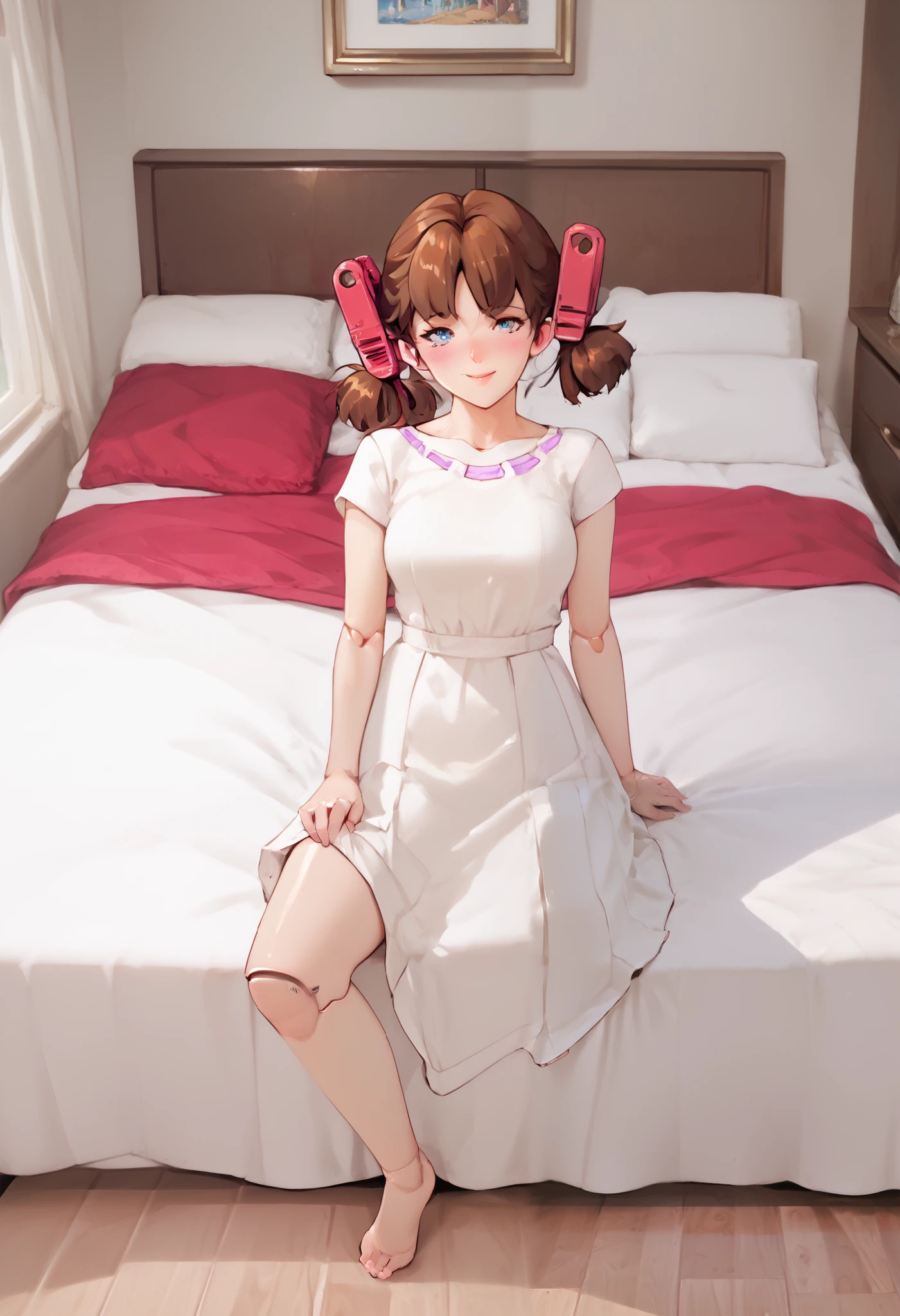 A girl is in the bedroom, joint seam, height 160 cm mechanical lady, skin pigment , she gets ecstasy, very short pigtails, brown hair, Hair tie with two red big red clothespins, mature, android, blue eyes, full body figure, flushed cheeks, 2020s anime picture, barefoot. She wears only a simple white dress. Her skirt is flips up with strong wind. from top view. She shows her white pantie exhibition. Gymnastic Bridge. She is laying in the bed.