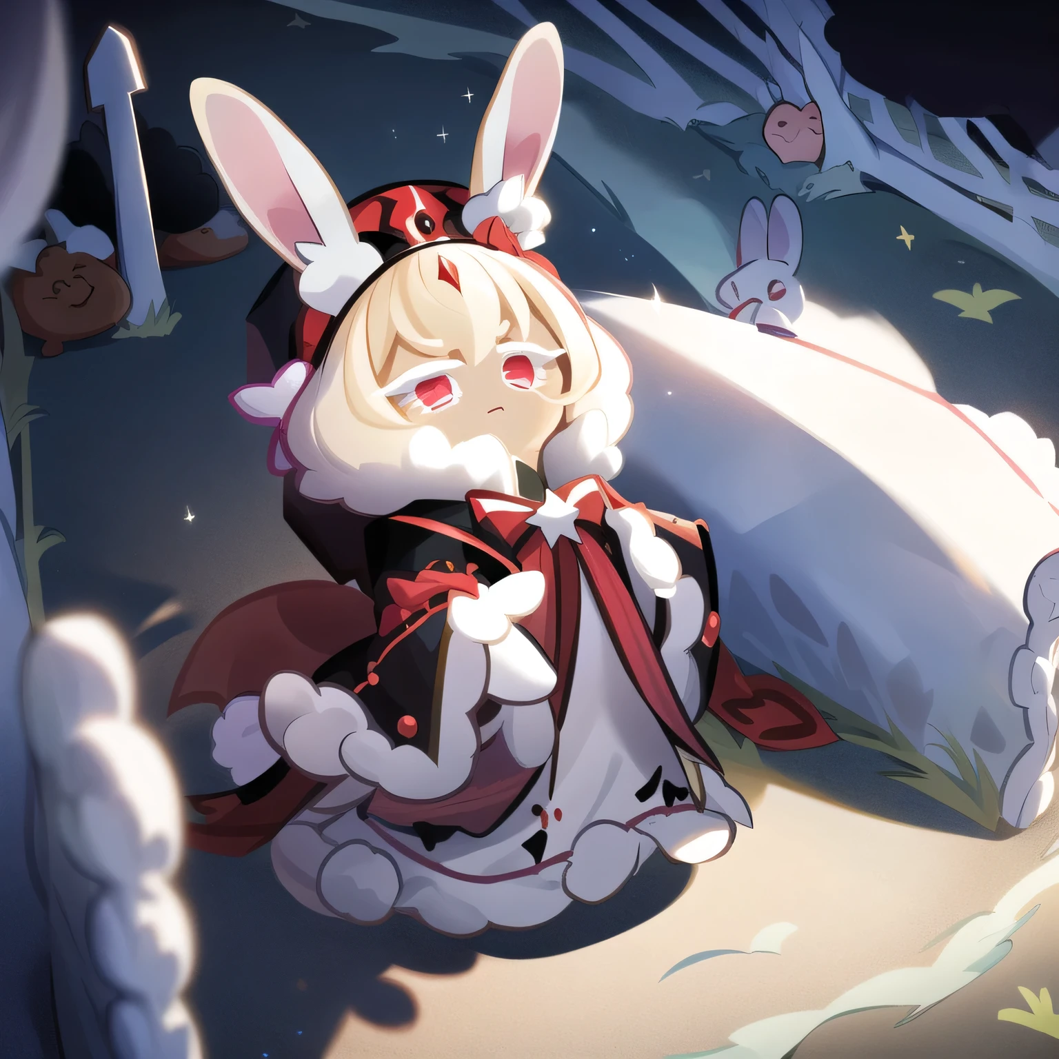 rabbit girl , Fluffy clothes, red eyes, Alone, haunted house