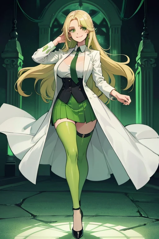((best quality)), ((masterpiece)), ((high resolution)), (high quality face), ((upscale face)), (erotic face), ((full body)), (high quality body), ((Anime style beautiful girl)), ((horns)), ((black tail)), ((very large breasts)), ((cleavage)), green short skirt, blonde colored hair, long hair, (high quality eyes), green eyes, black iris, upscale eyes, glasses, green colored lips