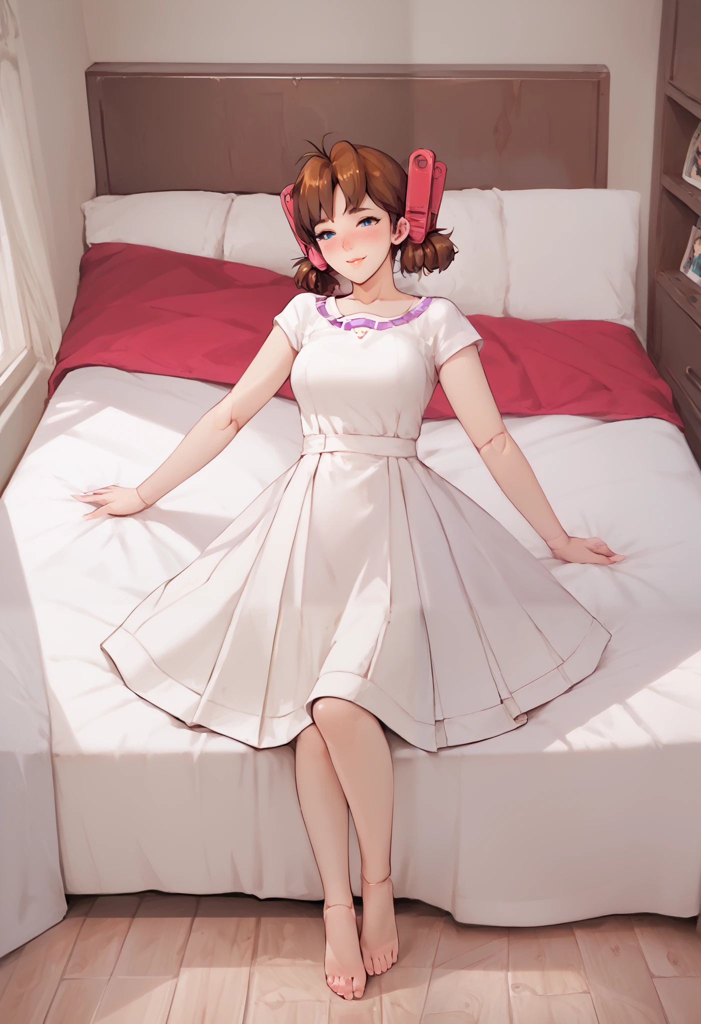 A girl is in the bedroom, joint seam, height 160 cm mechanical lady, skin pigment , she gets ecstasy, very short pigtails, brown hair, Hair tie with two red big red clothespins, mature, android, blue eyes, full body figure, flushed cheeks, 2020s anime picture, barefoot. She wears only a simple white dress. Her skirt is flips up with strong wind. from top view. She shows her white pantie exhibition. Gymnastic Bridge. She is laying in the bed.