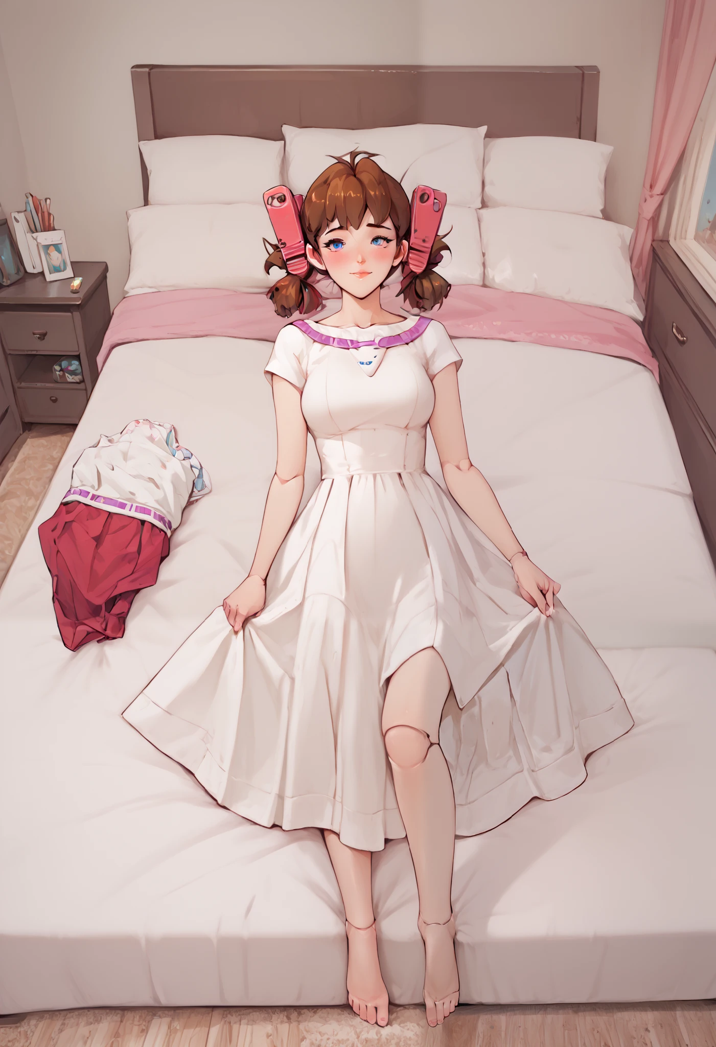 A girl is in the bedroom, joint seam, height 160 cm mechanical lady, skin pigment , she gets ecstasy, very short pigtails, brown hair, Hair tie with two red big red clothespins, mature, android, blue eyes, full body figure, flushed cheeks, 2020s anime picture, barefoot. She wears only a simple white dress. Her skirt is flips up with strong wind. from top view. She shows her white pantie exhibition. Gymnastic Bridge. She is laying in the bed.