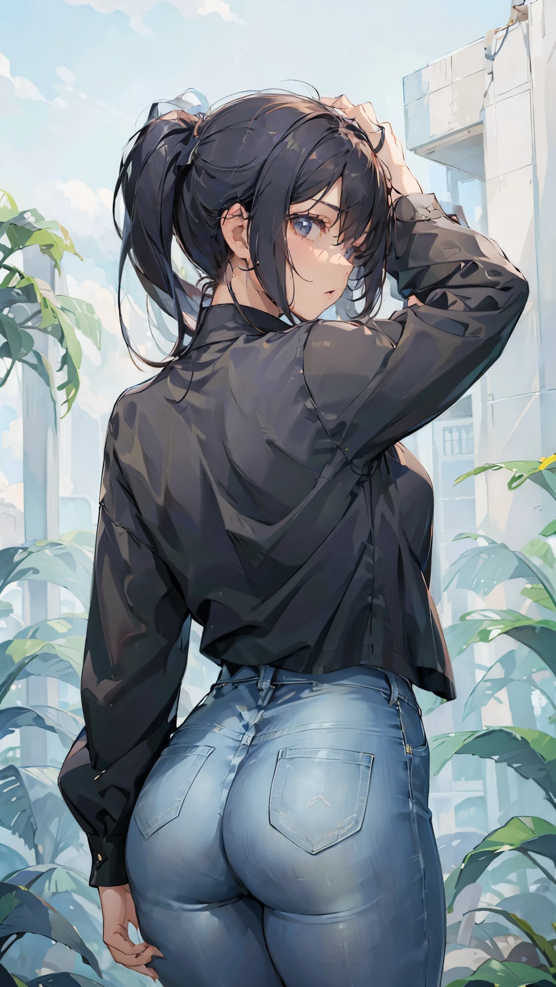 Changing clothes。Back view while taking off a jacket。wearing a black t-shirt