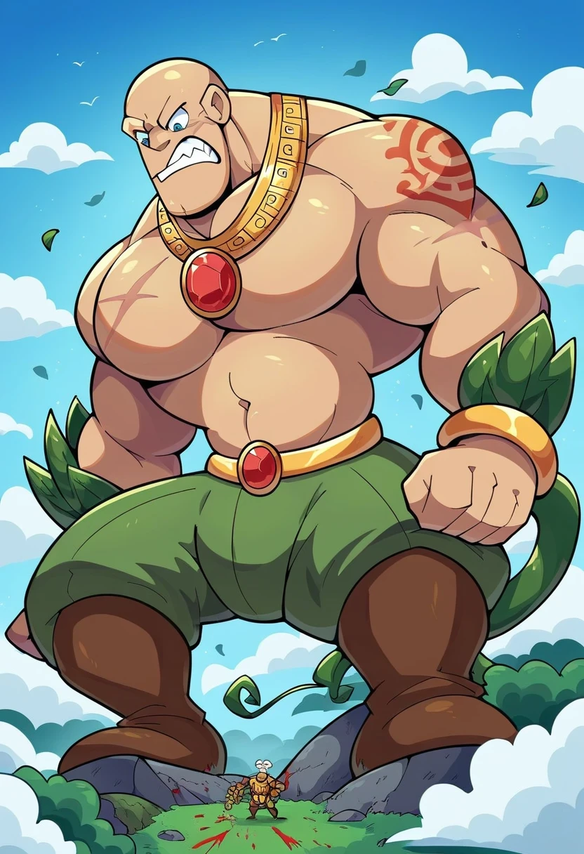 A giant muscular man, humanoid creature, bald man, gigantic chin, veins, tattoos, scars, golden armor, golden bracelets with jewels, golden necklaces with jewels, golden and silver belt, golden and brown boots, ginomous biceps enormous pectorals, sharp teeth sharp claws, full body, macro size, profile angle, angry expression, looking down, saying fee-fi-fo-fum I smell a blood of a englishman, saturaded colors, fairytale fantasy, blue sky background, climbing down a green giant beanstalk, holding the green beanstalk, no floor, large green vine, green giant leaves, climbing down pose, stomping the leaves.