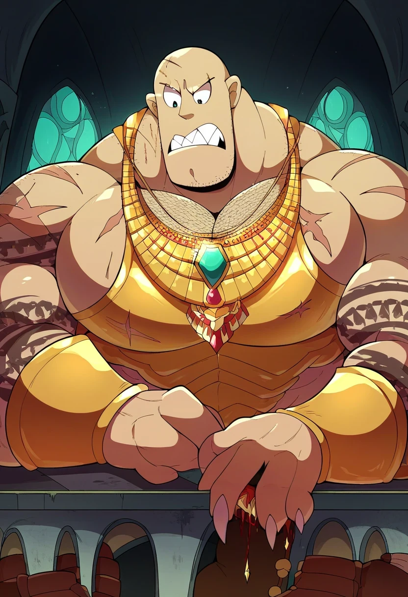 A giant muscular man, humanoid creature, bald man, gigantic chin, veins, tattoos, scars, golden armor, golden bracelets with jewels, golden necklaces with jewels, golden and silver belt, golden and brown boots, ginomous biceps enormous pectorals, sharp teeth sharp claws, macro size, sitting on his chair, castle interior background, table with food and gold and jewels and silver, sniffing the air and saying fee-fi-fo-fum I smell a blood of a englishman, confused expression, looking down, profile angle, saturaded colors.