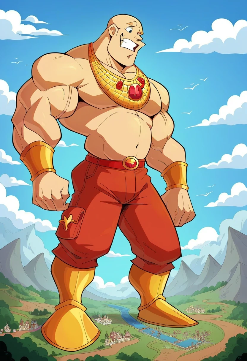 A giant muscular magical genie, 1 man, humanoid creature, bald man, blue chin, gigantic chin, veins, golden armor, golden bracelets with jewels, golden necklaces with jewels, wearing red underpants, red belt, golden boots, ginomous biceps enormous pectorals, teeth, full body, macro size, village background, saturaded colors, fairytale fantasy, blue sky background.