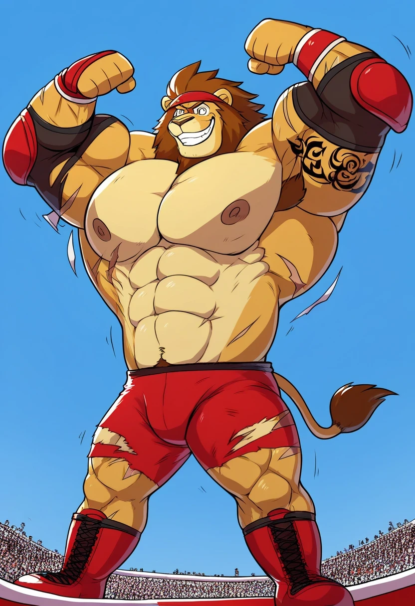 a giant muscular cartoon strong lion,  wrestler outfit, photocartoon, 8k, highly detailed, saturaded colors, epic scene, flexing his powerful muscles pose, ginomous biceps, enormous pectorals, bouncing pecs, smile powerful expression, intense wrestling action, dramatic lighting, cinematic composition, golden fur and skin, wrestler, red headband, Red wrist tape, Red elbow pads, Ripped red shorts, red kneepads, red wrestling boots, Golden bracelets, macro size, biggest cartoon eyes, beanstalk behind, blue sky background, village background, full body, tattoos on his arms, scars on the body.