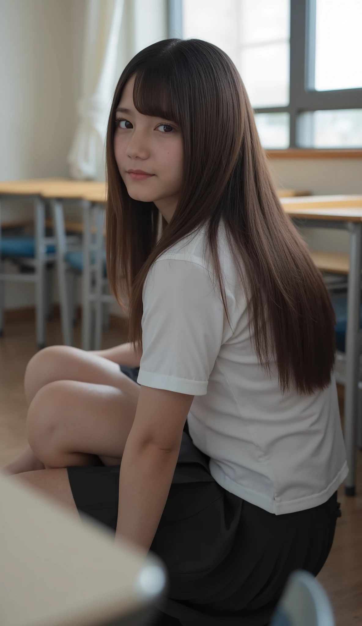 high resolution pictures,8k,masterpiece,best quality, detailed description, Photorealistic, complicated details, natural light, 1 girl crouching, school's, long hair, ( school's机の上に手をつないで立っている , from behind, turn around, Twisted Torso , Asfocus), She smiled slightly, indoors,classroom,